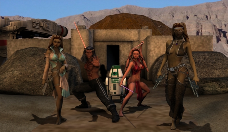 Just an idea I was messing around with awhile ago. I was thinking about doing a series with these guys. When the order came down to kill all the Jedi, Keth Randal, an Irionian Zabrak from Nar Shaddaa just narrowly escaped with his life. He was rescued by three Twi’lek former slave girls now turned bounty hunters. He vowed to avenge the deaths of his friends, allies and masters anyway possible. He turned from the light and chose the path to the dark side. In his travels with the females he found that Triayla, the red skinned twi’lik had a strong affinity with the force. He decided to train her in his ways. In his search for power, he has come across an ancient Sith Holocron made by none other than Darth Bane himself. Within the artifact, he has found the location of three more holocrons. Landing on Tatooine, the group is about to enter a long forgotten Sith stronghold, hoping to find the first of the three. 03.jpg